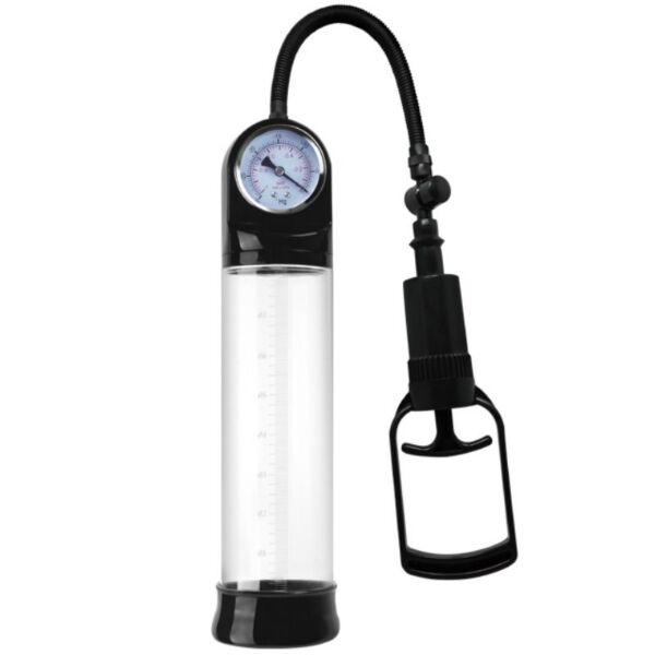 Pretty Love BM-010088PL penis pump with its clear cylinder, handle and pressure gauge