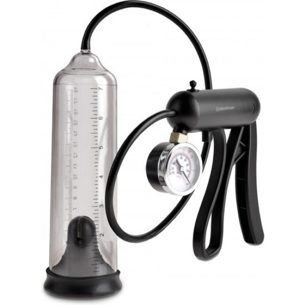 Pipedream Pump Worx Pro-Gauge penis pump with clear cylinder, hose and handle with pressure gauge