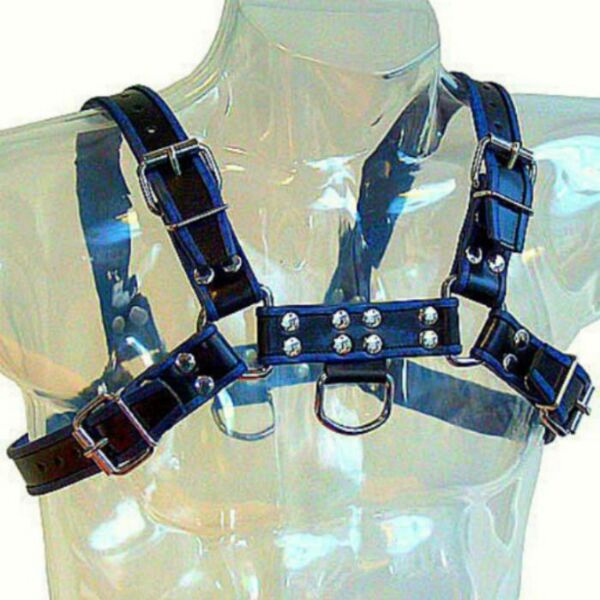 Leather Body Chest Bulldog men's harness in blue and black, with straps and metal chains