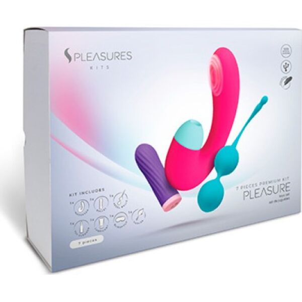 S Pleasures Pleasure Kit sex toy kit with bullet vibrator, dual stimulator, Kegel balls, lubricant, toy cleaner, feather and blindfold