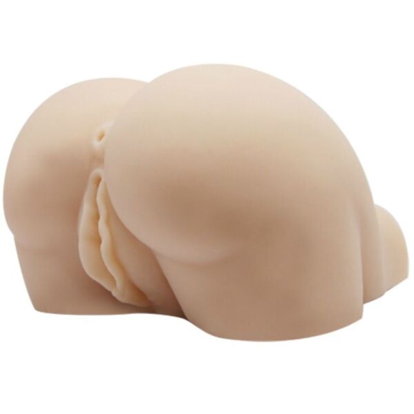 Baile BM-009190 compact torso masturbator with a vagina and an anus, in a natural colour, next to its remote