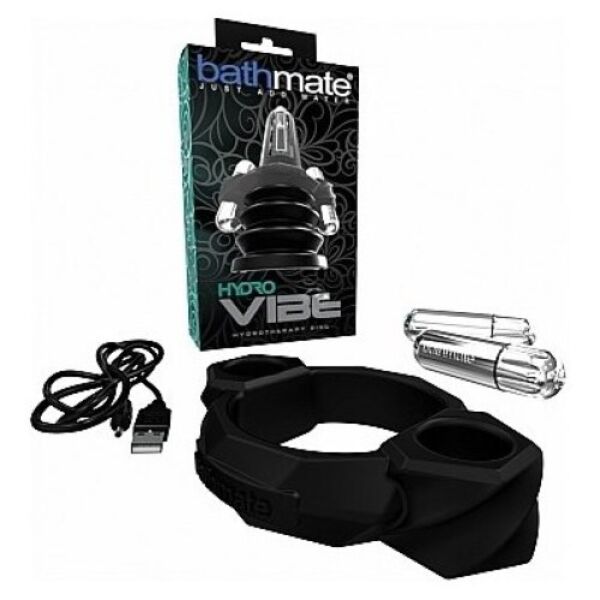 Bathmate HydroVibe vibrating ring in black and silver, with its two bullets