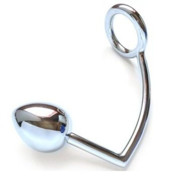 Metal Hard cock ring with anal hook: steel ring with a bar and ball