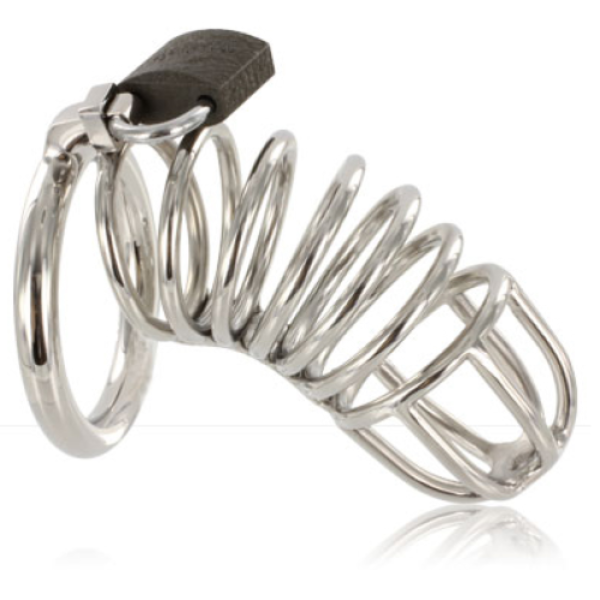 Metal Hard chastity cage with its testicle ring and locking pin