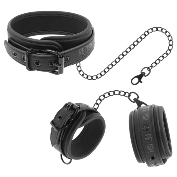 Fetish Submissive cuffs and collar set with restraint bar and chains