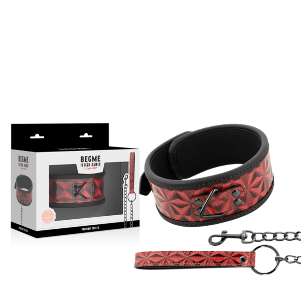 Begme Red Edition vegan leather BDSM collar with metal chain, neck ring and leash