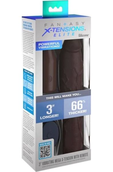 Brown Pipedream Fantasy X-tensions Elite Mega X-tension Brown penis sleeve with vibrating extension and remote