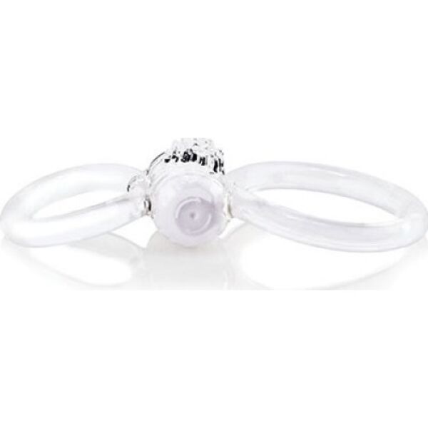 Clear Screaming O Ofinity Plus Clear double vibrating cock ring with a bullet vibrator between the two rings
