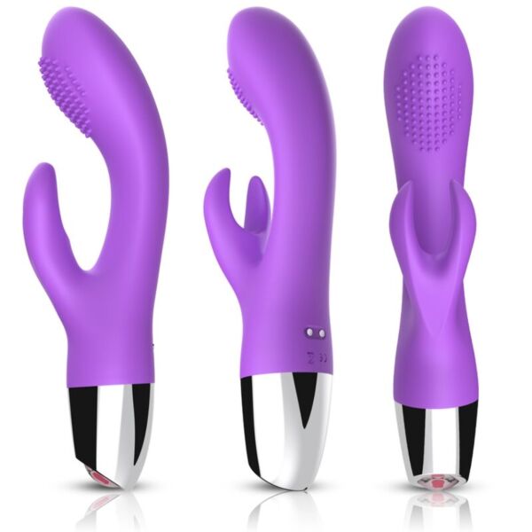 Armony rabbit vibrator in silicone and ABS, curved and slim, with a slim tip and a clitoral stimulator