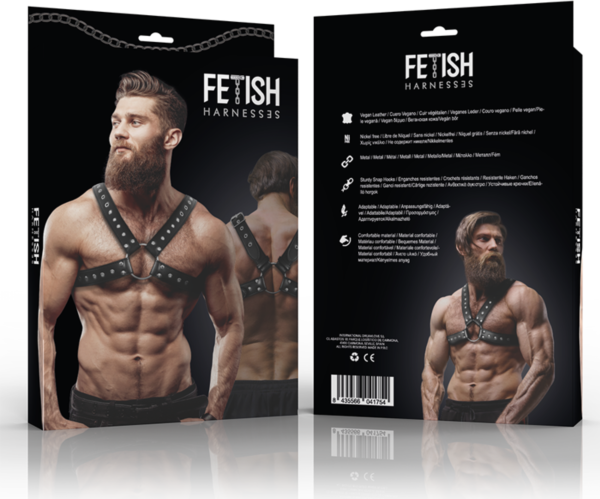 Fetish Submissive Attitude crossover chest harness in vegan leather, with straps crossing over the torso