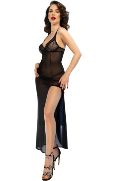 Chilirose CR 4723 long black lace babydoll with its matching thong