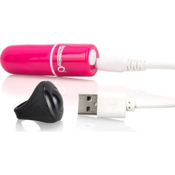 Pink Screaming O Charged Vooom Remote bullet vibrator with its ring-shaped remote
