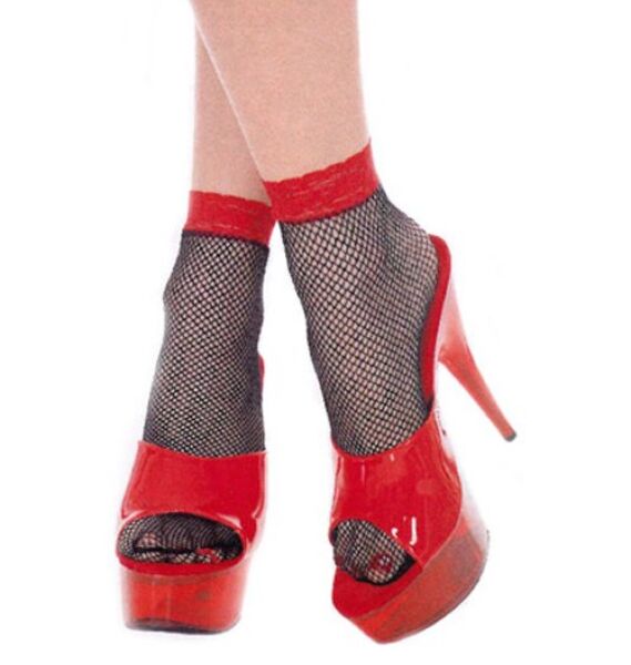 Music Legs black fishnet ankle sock with red details