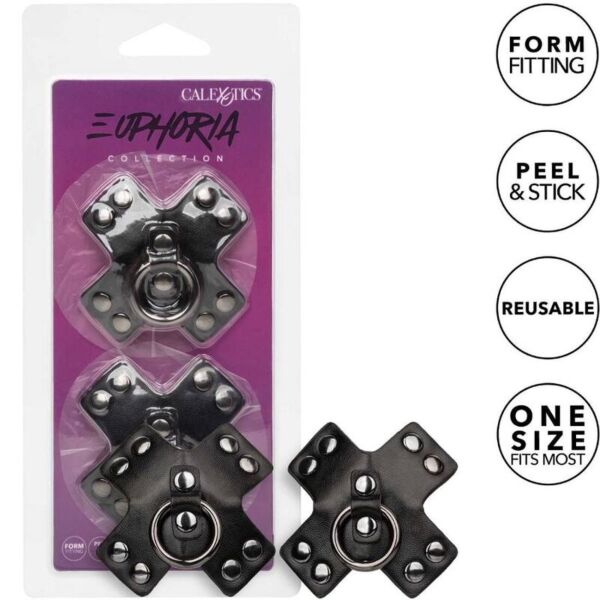 CalExotics Euphoria O-Ring adhesive nipple covers in black, with a metal ring and rivets