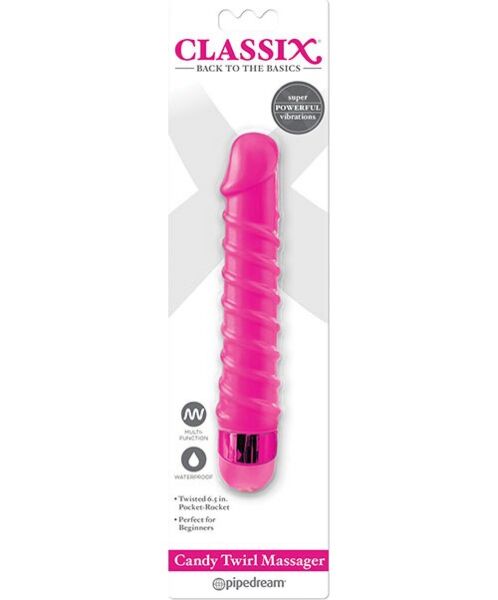 Pink Pipedream Candy Twirl vibrator with a spiral ridged body and a dial on the base