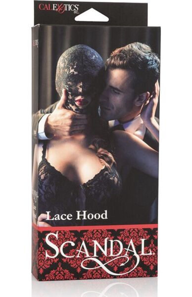 CalExotics Scandal Lace Hood in black lace, with an open mouth