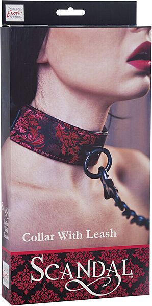 CalExotics Scandal double-sided collar with chain leash and red and black brocade