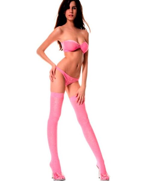 Music Legs Lurex pink lingerie set with strapless top, thong and stockings