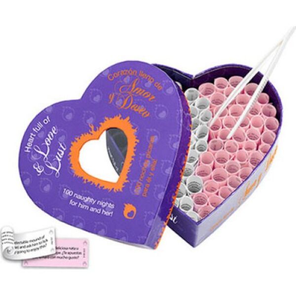 Heart Love & Lust erotic game by Tease & Please, heart-shaped box with pink and white paper scrolls