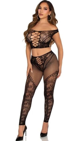 Leg Avenue Love Me Tonight lingerie set in black: off-the-shoulder crop top and lace and mesh leggings