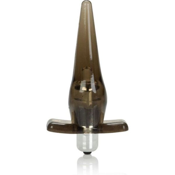 Vibrating butt plug CalExotics Mini Vibro Tease Smoke with its metallic-finish stimulator