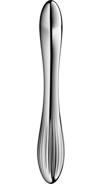 Silver stainless steel Satisfyer Pure Gravity 1 dildo, curved and double-ended