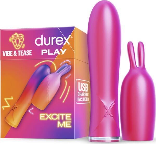 Pink Durex Vibe & Tease bullet vibrator with its bunny ears cap