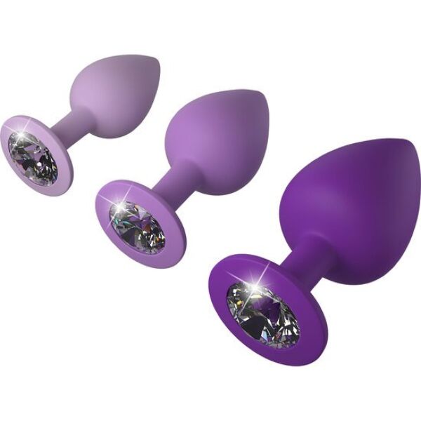 Set of three Pipedream Her Little Gems Purple butt plugs with decorative jewel bases