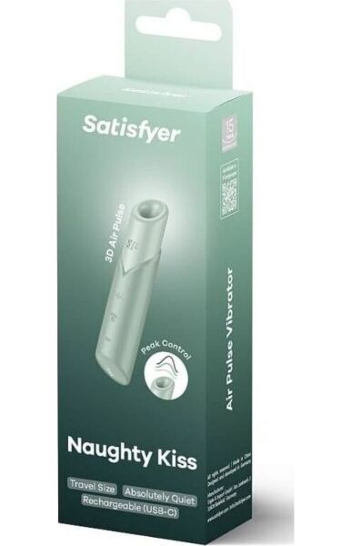 Satisfyer Naughty Kiss clitoral suction toy in mint, shaped like a lipstick