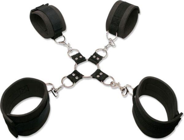Pipedream Extreme Hogtie Kit with wrist and ankle cuffs, metal hogtie and blindfold