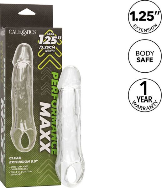 CalExotics Performance Maxx Clear Extension 5.5 clear penis sleeve with scrotum strap