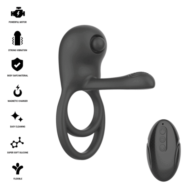 Black Intense Spike vibrating cock ring, with its clitoral stimulator and remote control