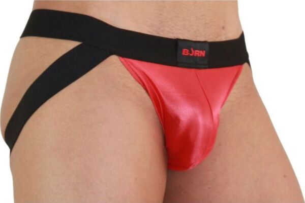 Burn 010 Jock jockstrap in red and black, with sheer panels and shiny details