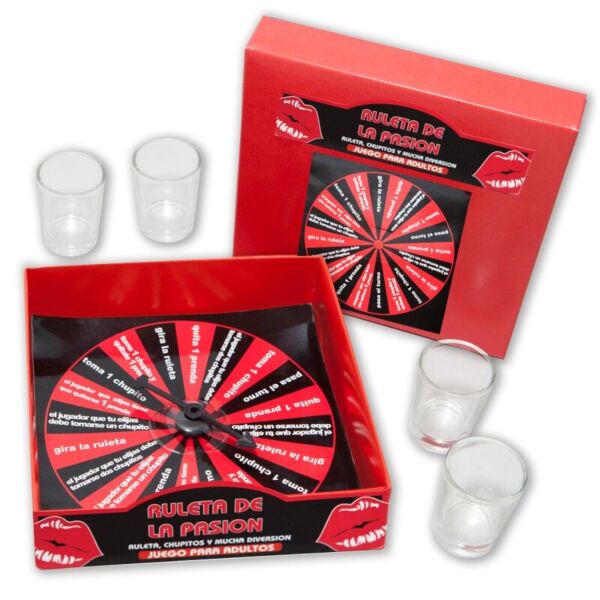 Diablo Picante Passion Roulette shot glass game, with the spinner and the 4 glasses