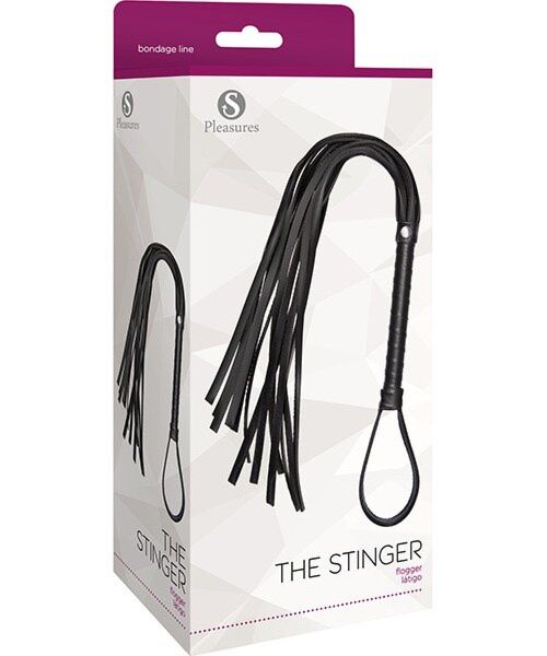 S Pleasures The Stinger flogger, black, with 13 tails and a handle with a strap