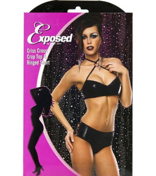 Black Exposed Liquid Onyx lingerie set, with crop top and boy short briefs