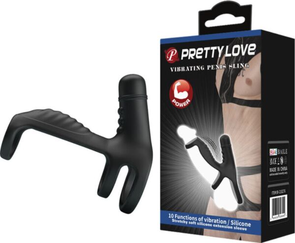 Black Pretty Love Vibrating Penis Sling with an elastic sleeve, ring base and ridges