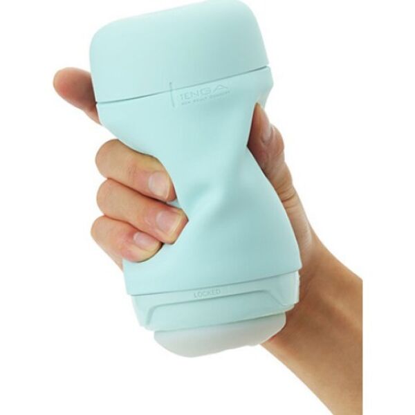 Tenga Puffy Mint Green masturbator in turquoise, with its soft shell