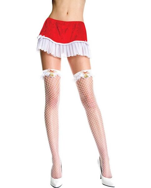 White Music Legs Campanilla fishnet stockings, with a bow and bells on the garter