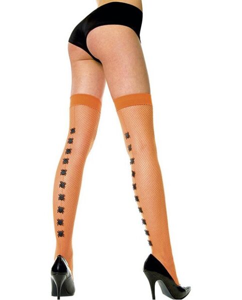 Music Legs orange fishnet stockings with spider appliqués on the back of the leg