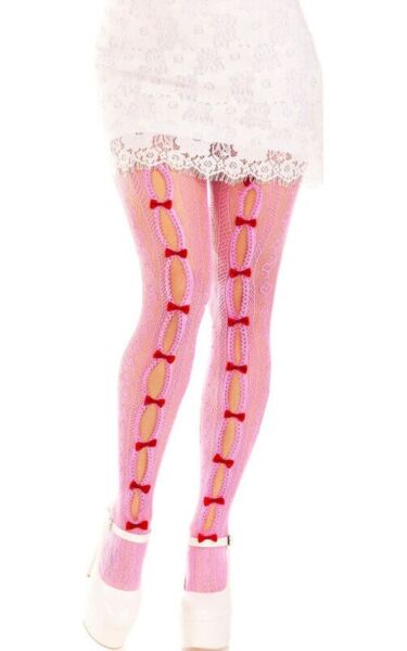 Leg Avenue Sweetheart Striped fishnet tights, striped with hearts and mini bows