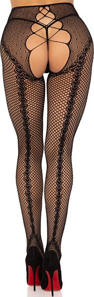 Black crotchless fishnet tights Leg Avenue Karma, with a back seam and a heart