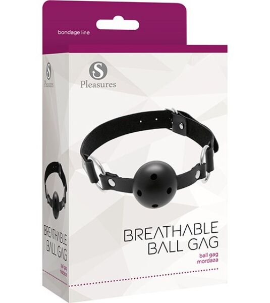 Black S Pleasures Breathable Ball Gag, with an air-hole ball, metal rings and a buckle strap
