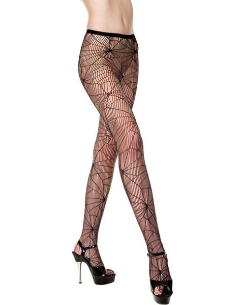 Black Music Legs Spider Web tights with a spider web pattern and sheer panels