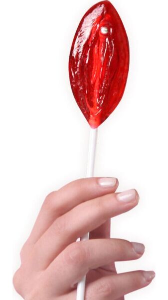 Secret Play Vulva Lollipop Display with 40 strawberry jelly lollipops shaped like a vulva
