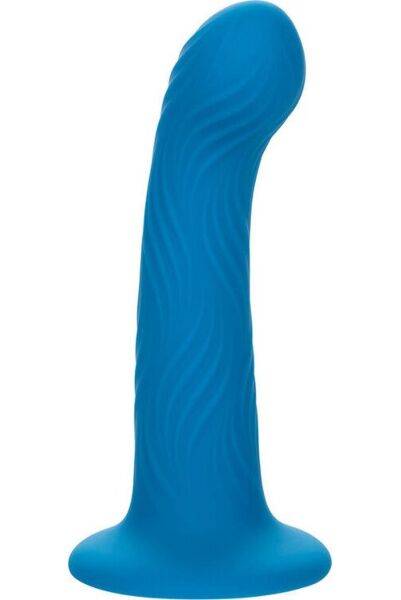 Blue CalExotics Wave Rider Ripple butt plug with a wavy texture and suction cup base