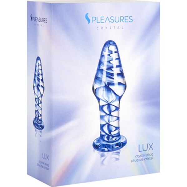 S Pleasures Crystal Lux butt plug, clear with a blue spiral inside
