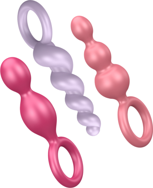Set of three Satisfyer Booty Call butt plugs: spiral, cone and three-ball