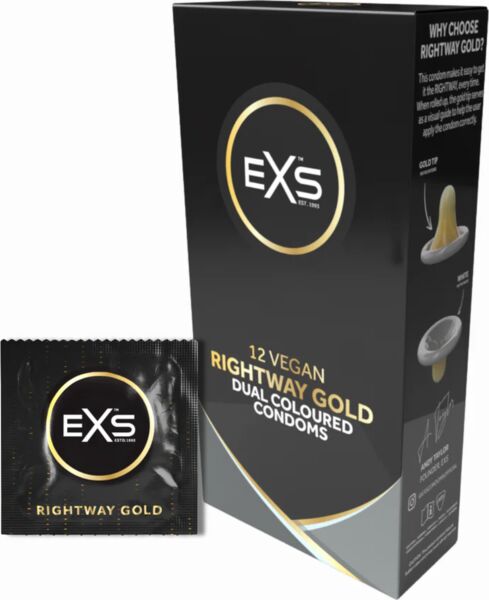 Box of EXS Rightway Gold condoms with a gold tip