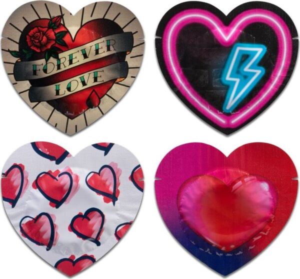 Pasante Red Heart Shape 144 condoms, red and in heart-shaped wrappers